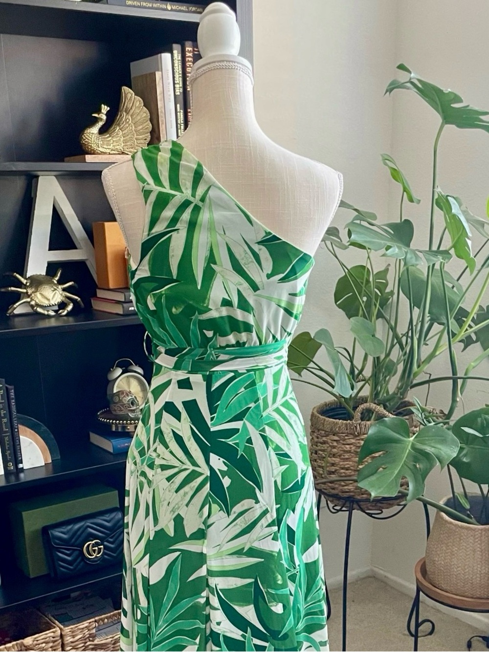 Red Dress Green and White One-Shoulder Tropical Maxi Dress - Picture 3 of 4